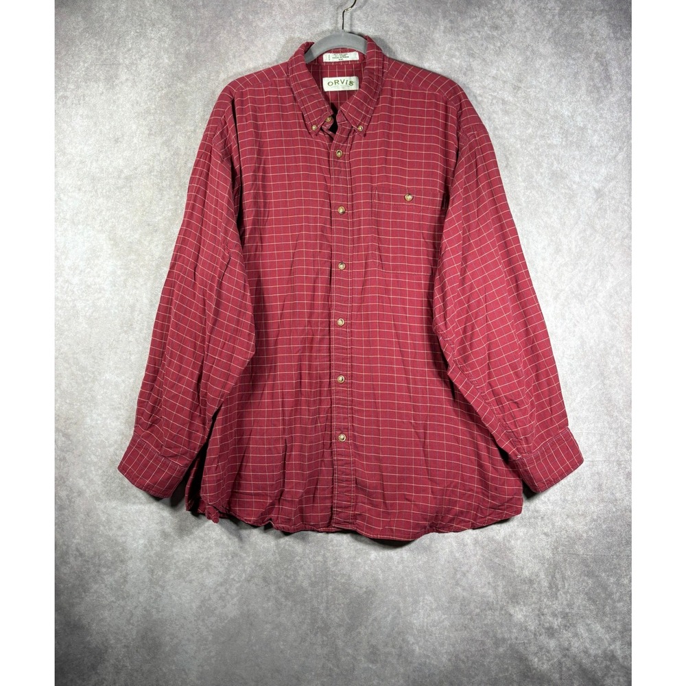 Orvis Button Down Shirt Mens XXL Red Plaid Cotton Wool Blend Long Sleeve Pocket